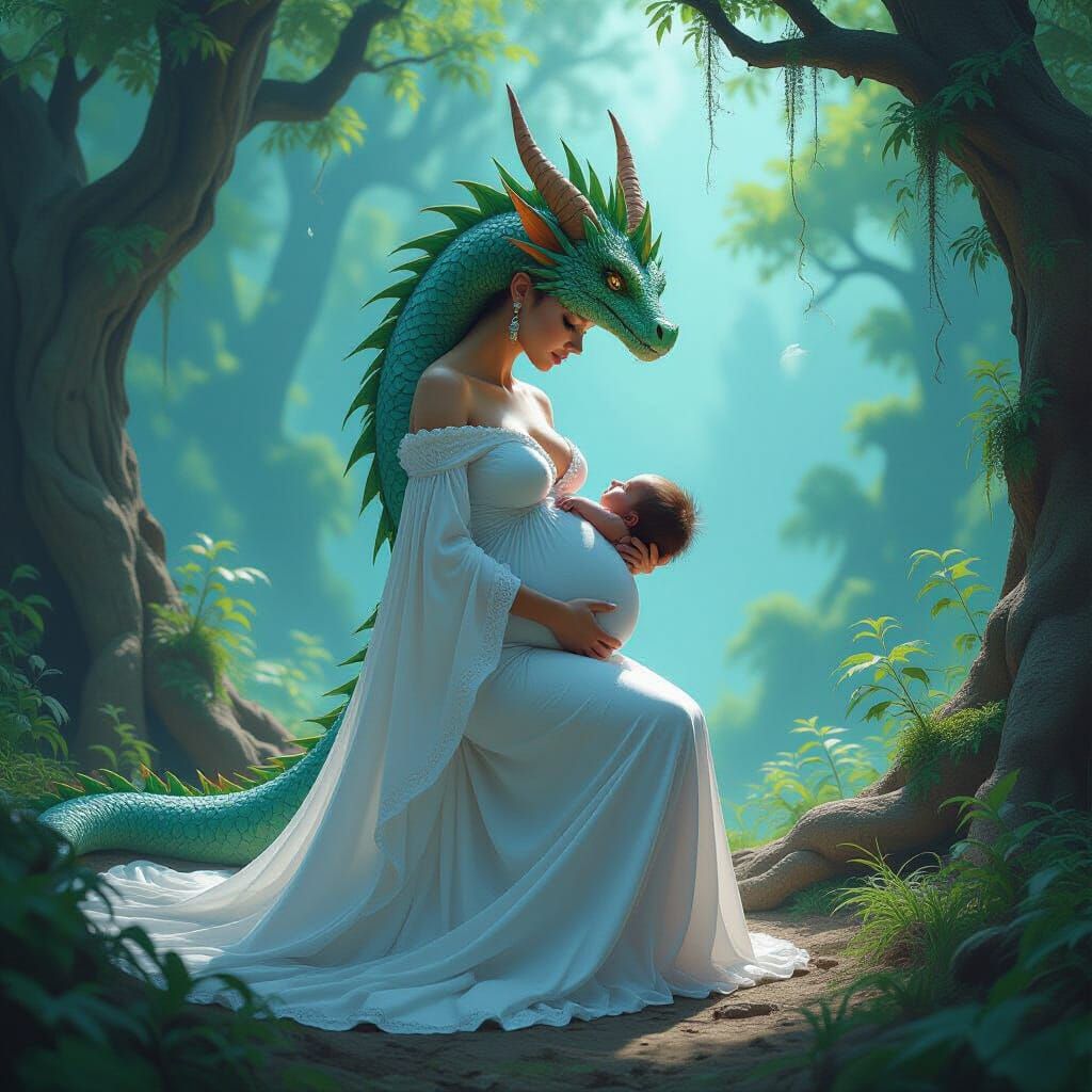 Green and Blue Dragon Woman Giving Birth