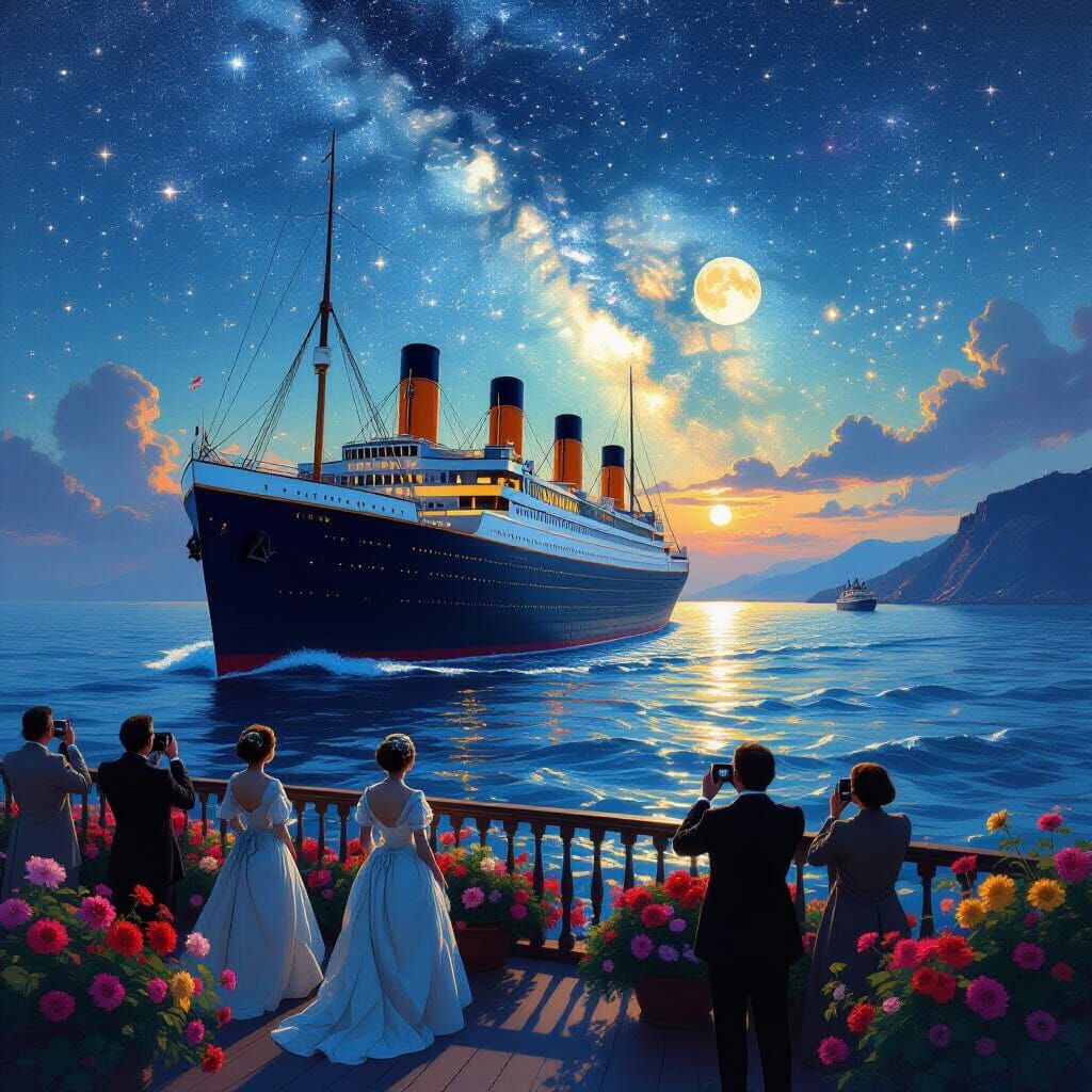 Titanic Sails Under Fading Stars Galaxy Ocean Scene