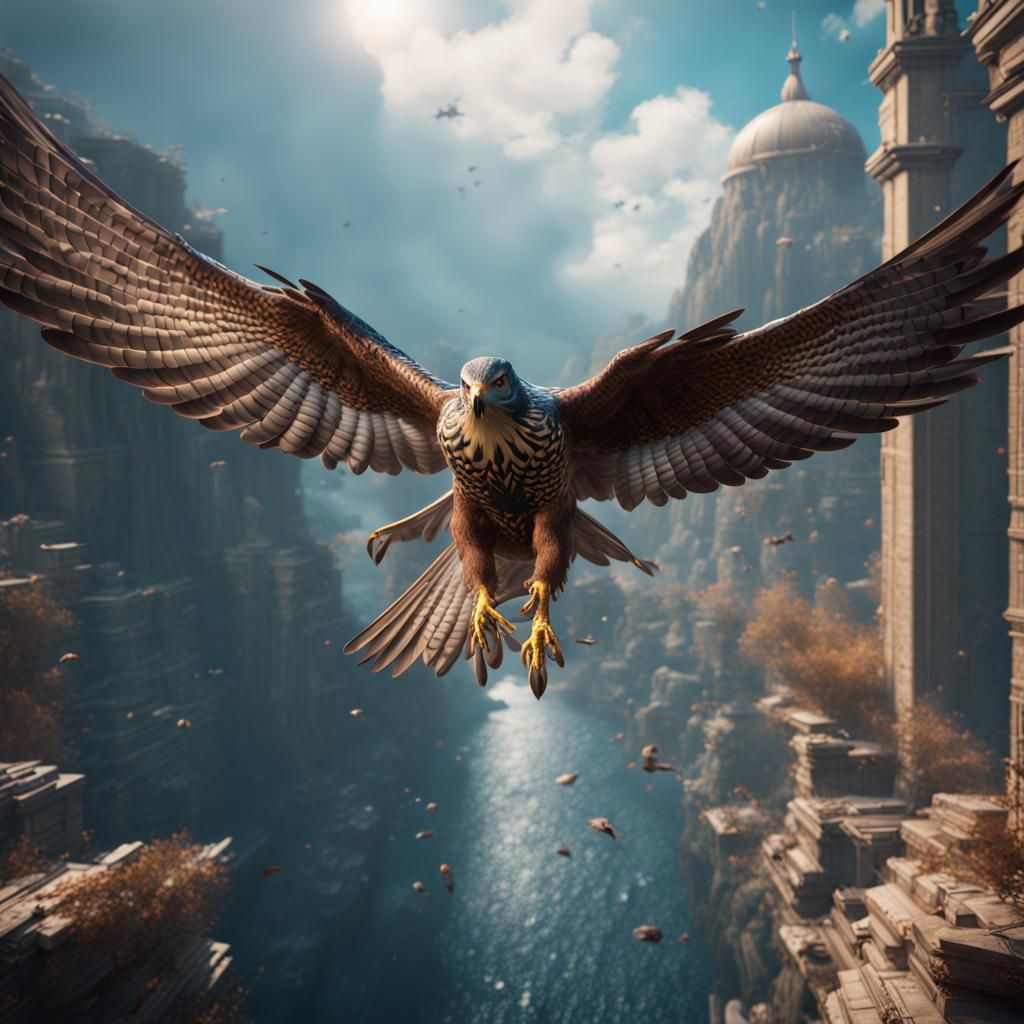 Falcon Dive: Detailed Matte Painting in Deep Color