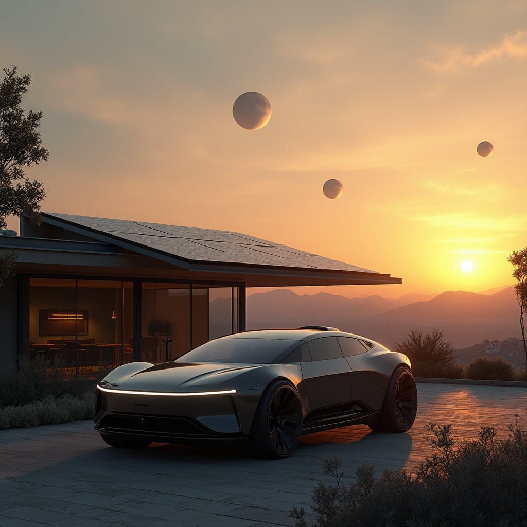 Sleek Solar SUV Confronts Tri-Solar Sunset in Distant Future