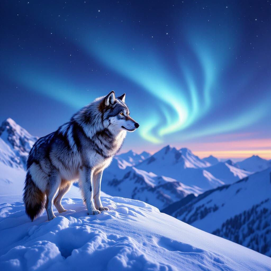 Wolf on Snowy Peak with Aurora Sky
