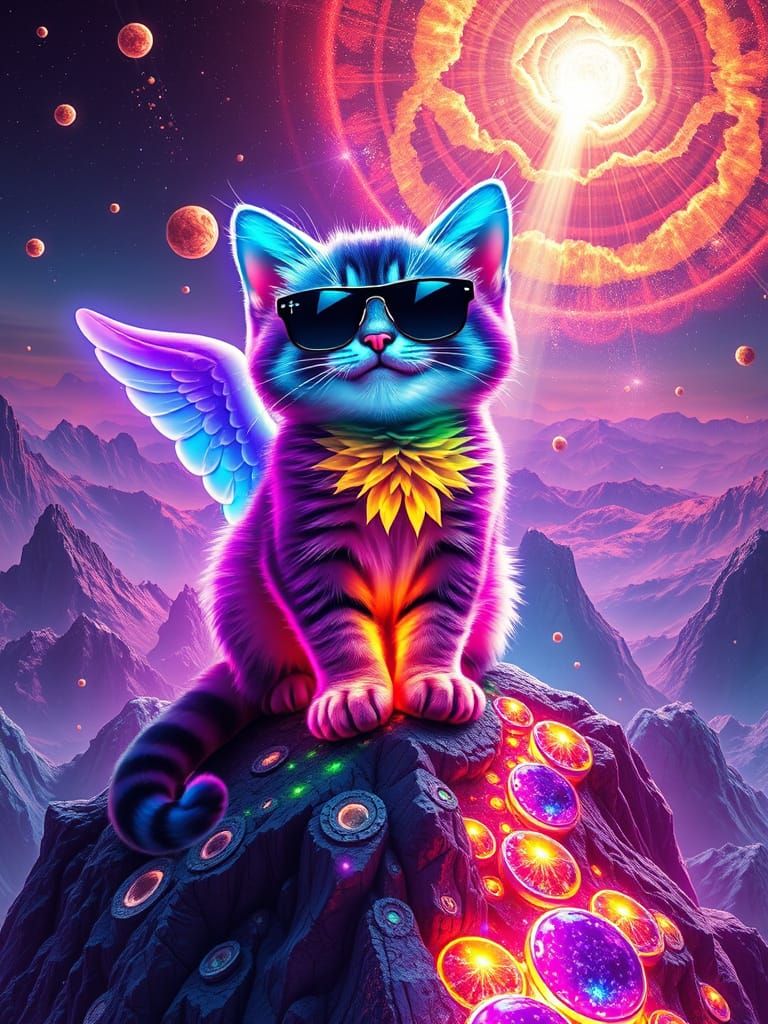 Neon Archangel Kitten Reigns Over Cosmic Surreal Landscape