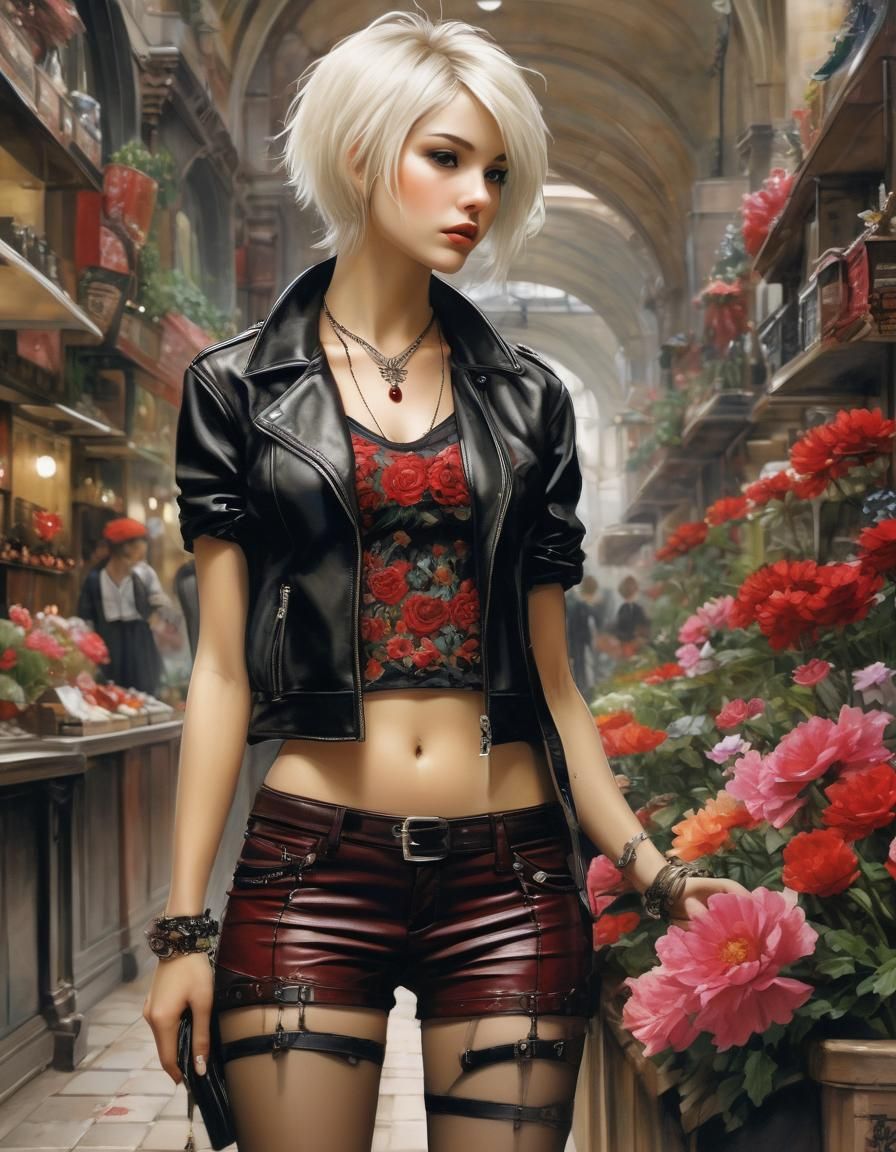 Platinum-Haired Girl Shopping, Detailed Mixed Media Art