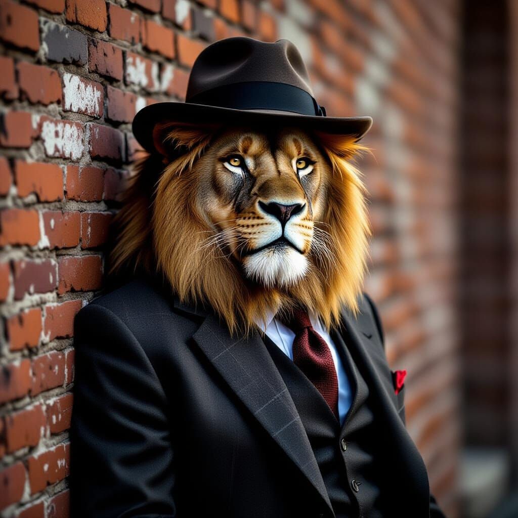 Majestic Lion in Suit and Fedora, Cinematic Style