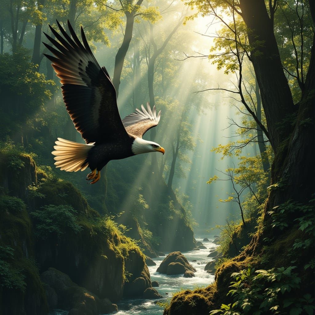 Majestic Bald Eagle Soars Over Ancient Forest