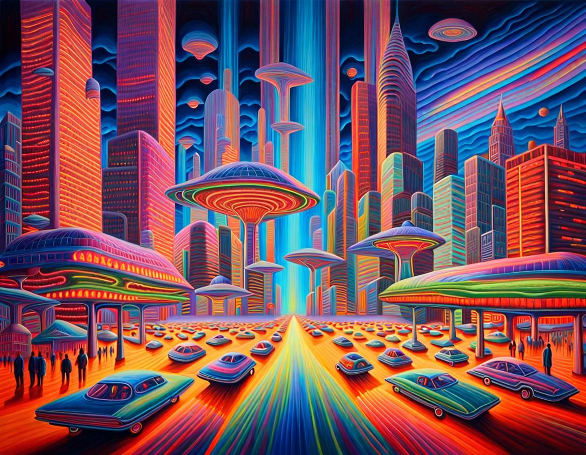 Psychedelic Cityscape with Flying Cars in Oil Paint