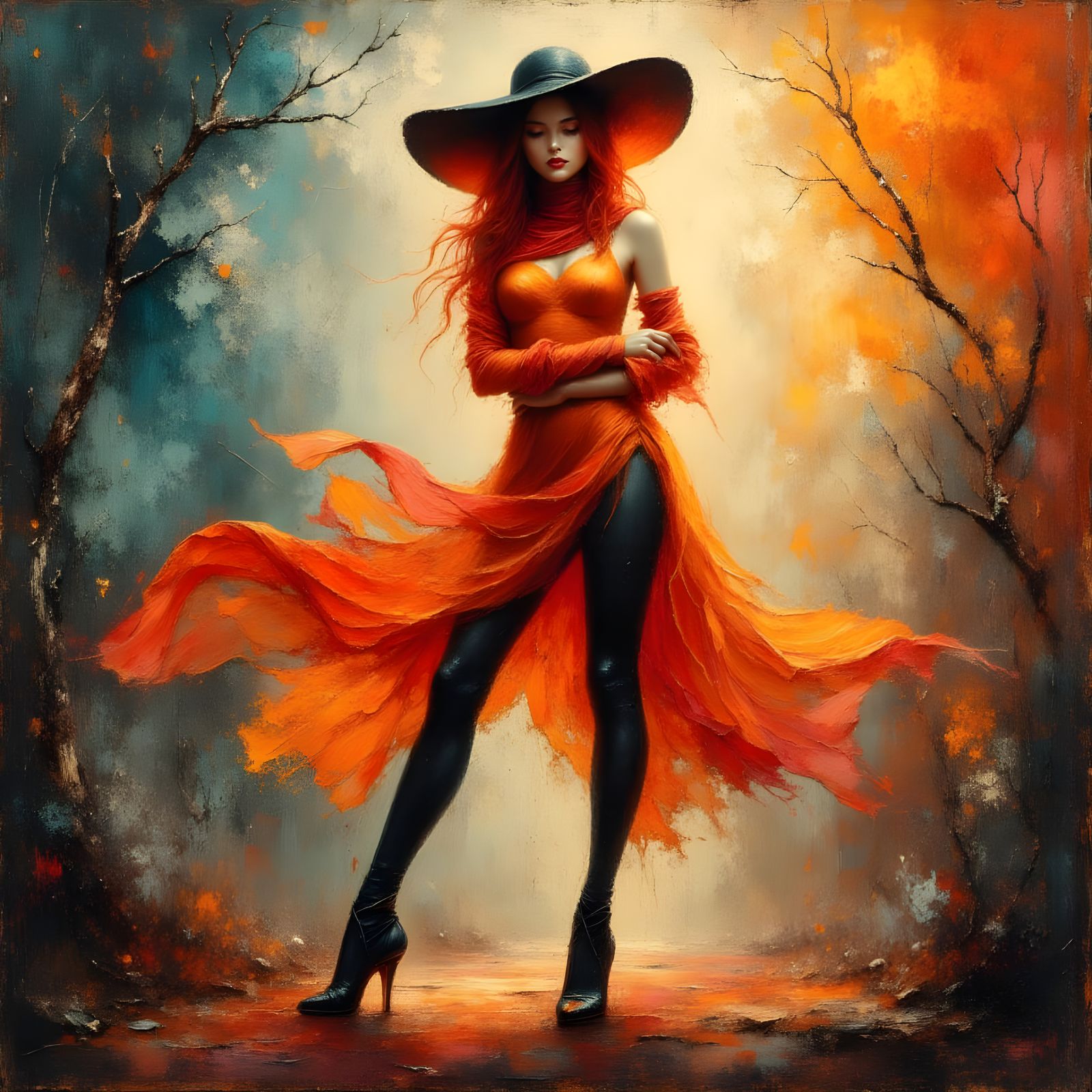 Woman in Fiery Red Hair and Scarlet Veil, Impasto Style