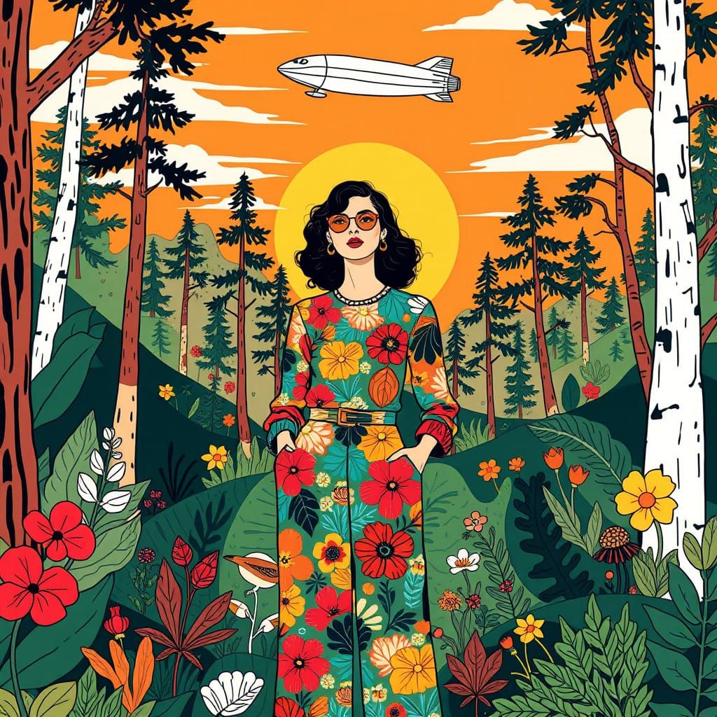 Vibrant Woman in Futuristic Forest, with Airship and Whimsic...