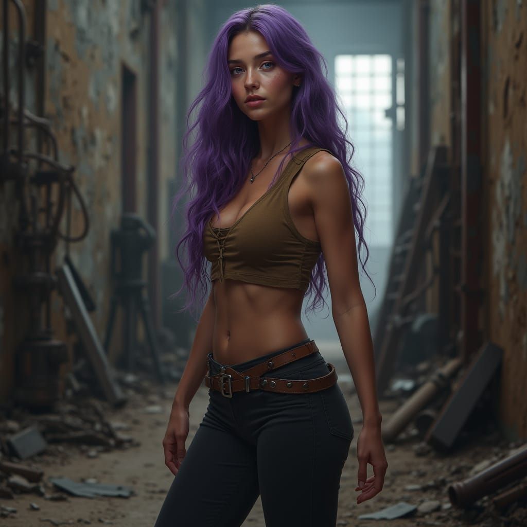 Hyper-Realistic Portrait of a Young Woman with Purple Hair a...