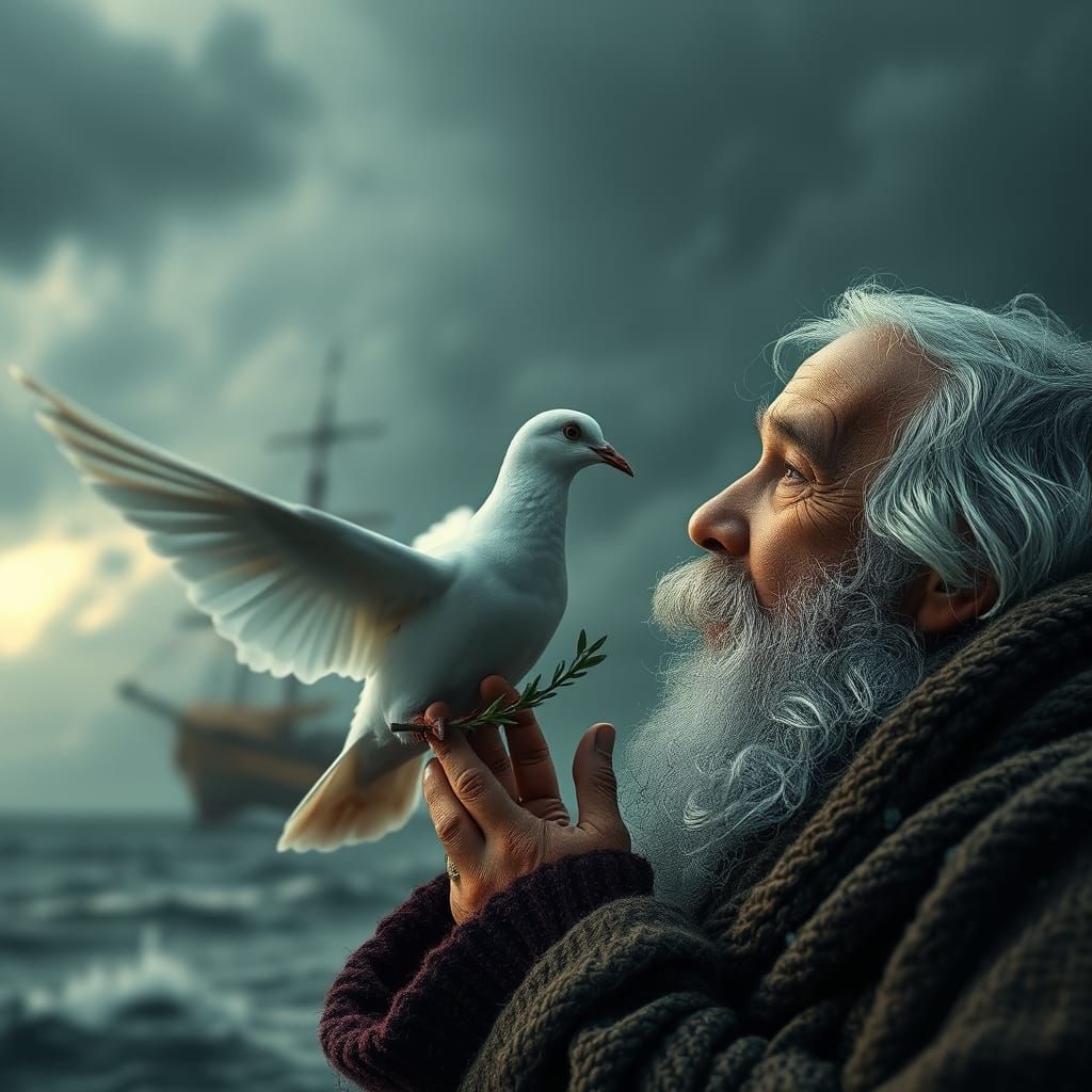Elderly Man Reaches for the Dove in a Turbulent Storm