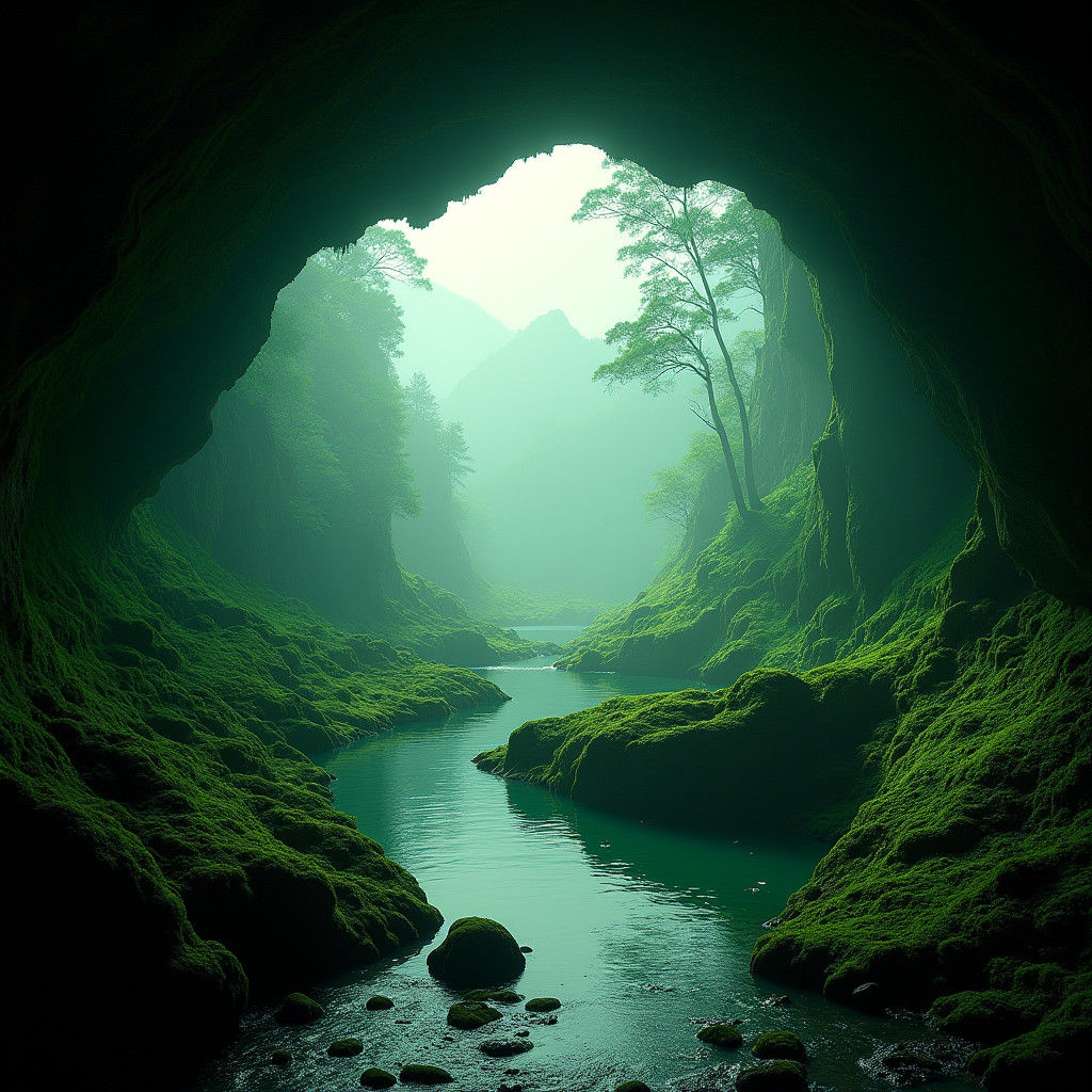 Emerald Grotto: High-Contrast Black and White Landscape