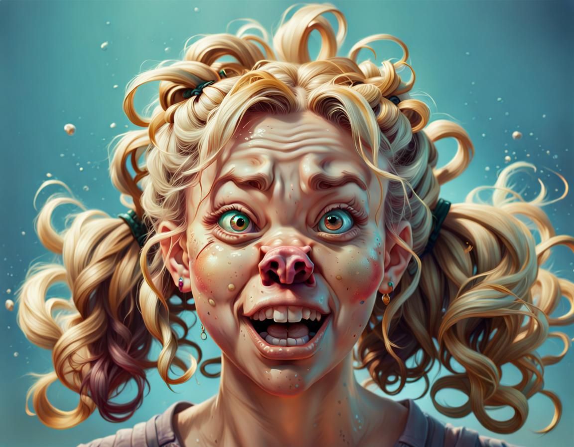 Hyperrealistic Painting of a Goofy Blonde Girl