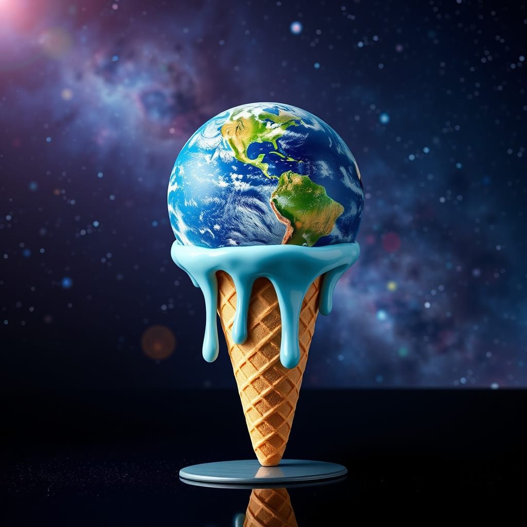 Surreal Cosmic Ice Cream Cone with Melting Earth