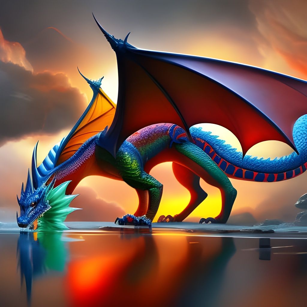 Detailed Dragon Drinking from Pond in Art Nouveau Style