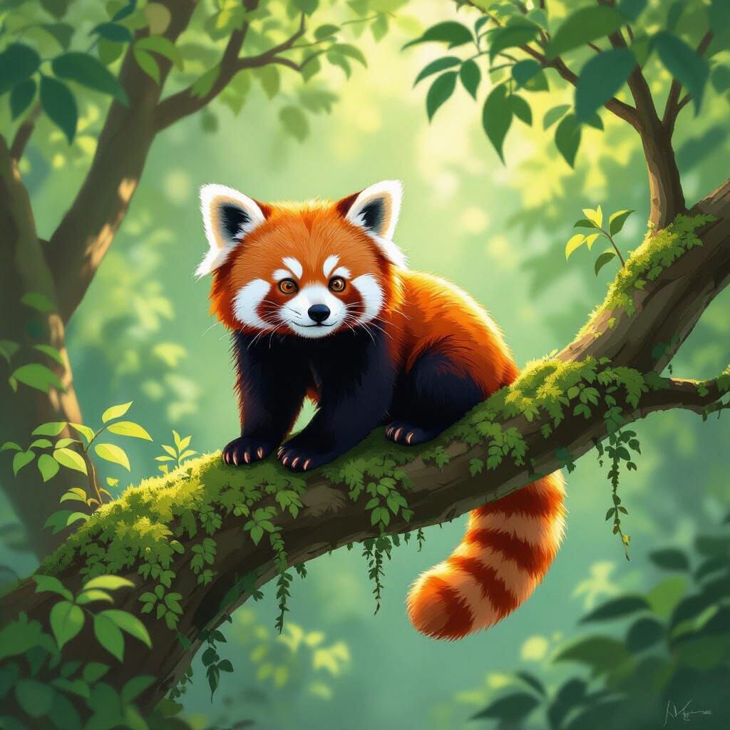 Red Panda in Lush Forest Canopy - Digital Painting
