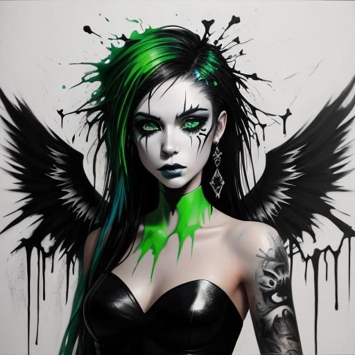 Gothic Angel with Green Eyes in Graffiti Art Style