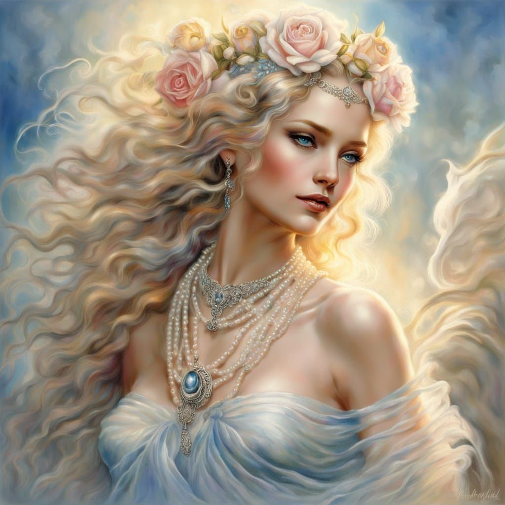 Goddess in Flowing Silk and Pearls, Art Deco Style