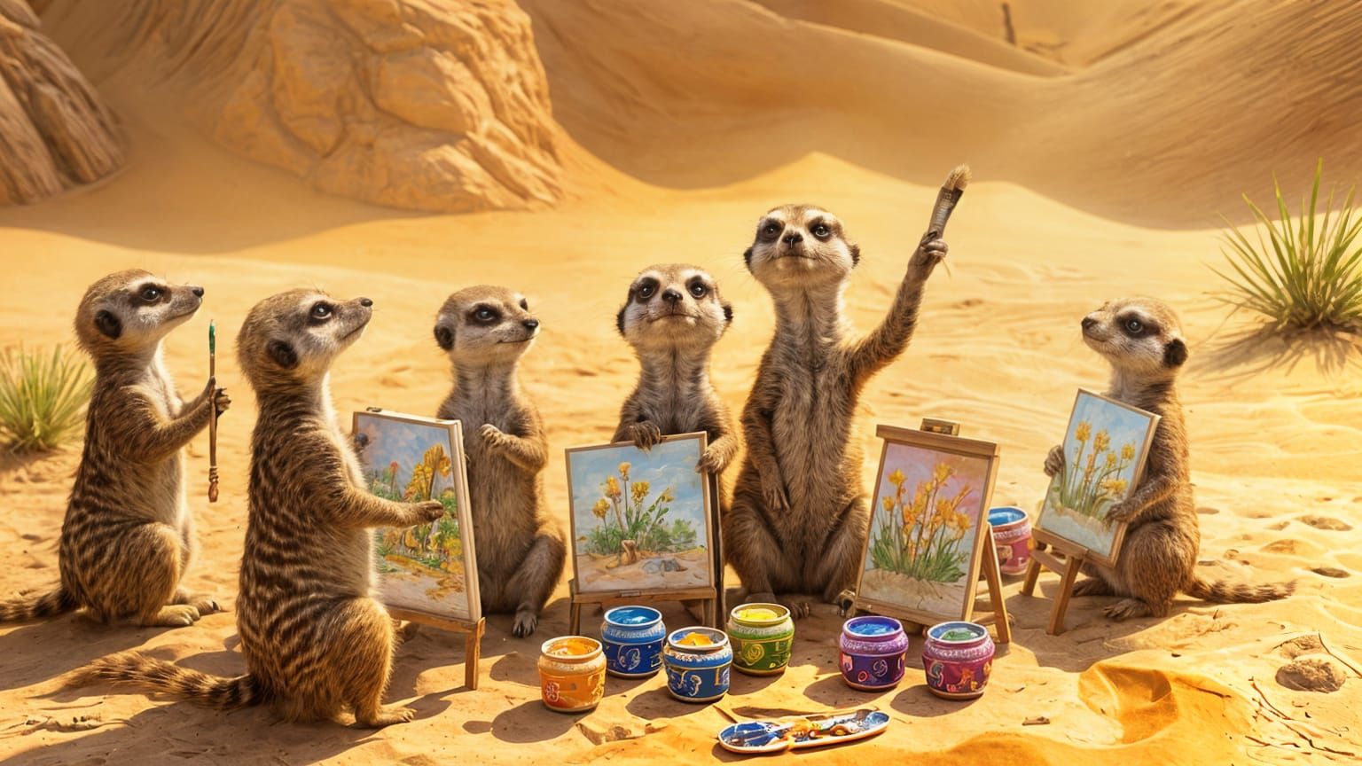 Whimsical Meerkat Artists Painting Desert Landscapes