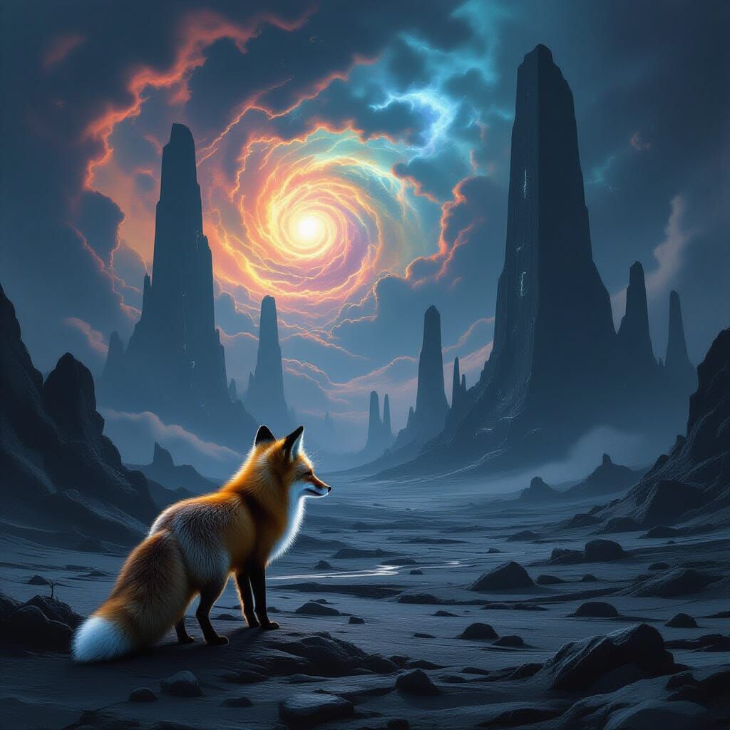 Cosmic Fox on Alien Planet with Cyclopean Structures