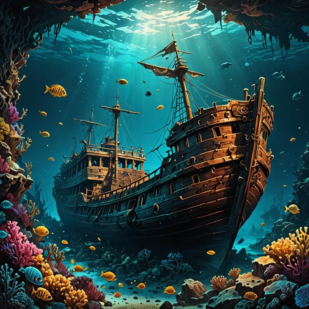 Ancient Greek Shipwreck in Colorful 3D Digital Art