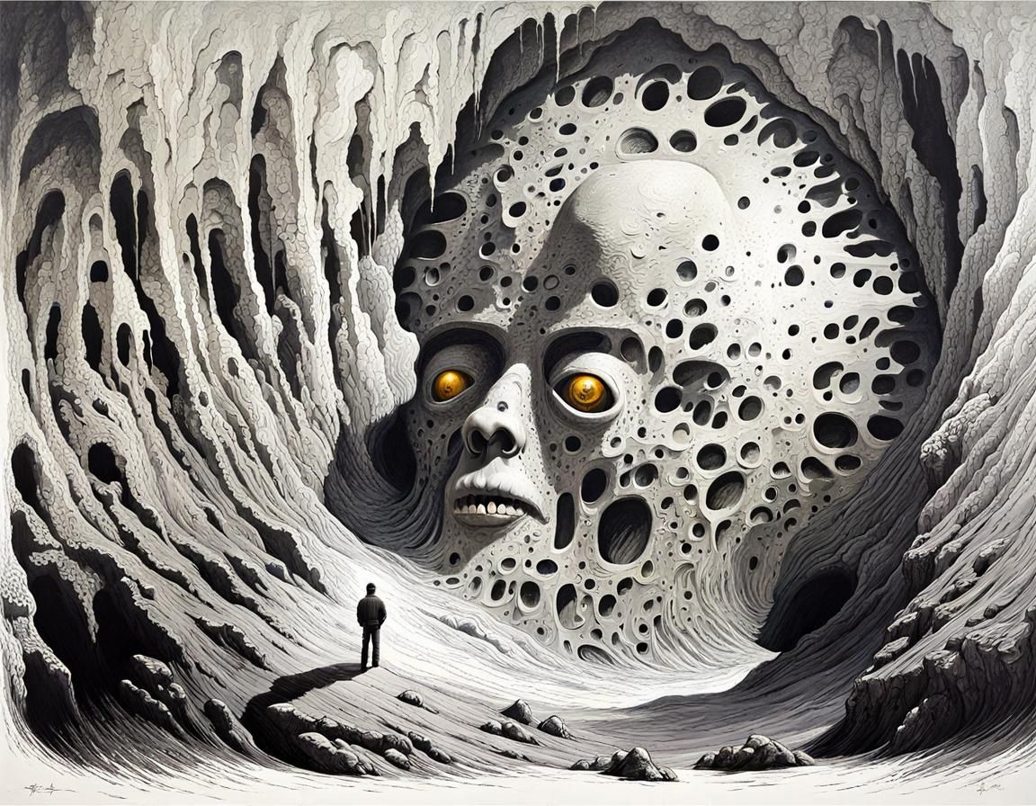 Nightmarish Grotto with Giant Head: Beksiński Style