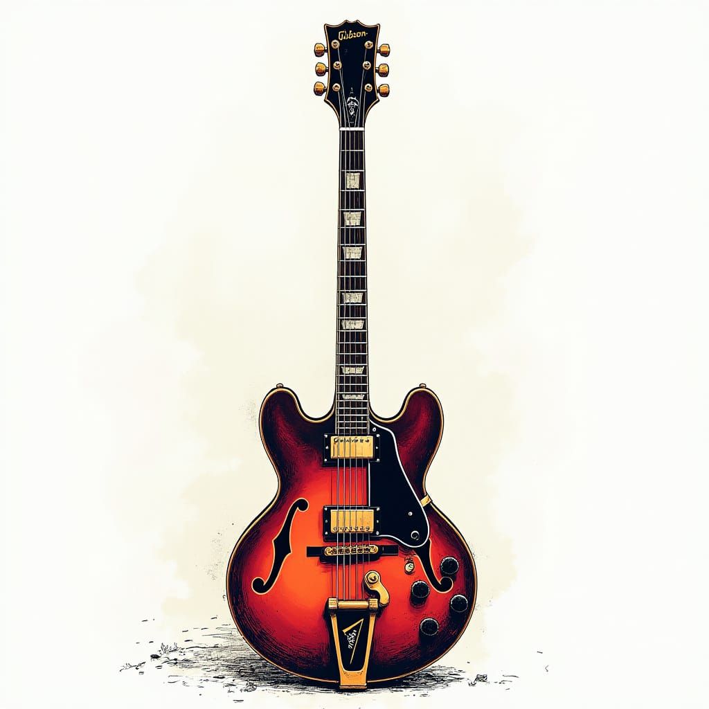 Intricate Tattoo-Style Gibson ES-335 Guitar in High Contrast...