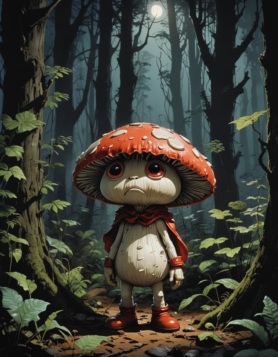 Grumpy Mushroom Devil Cartoon in Sci-Fi Comics Style