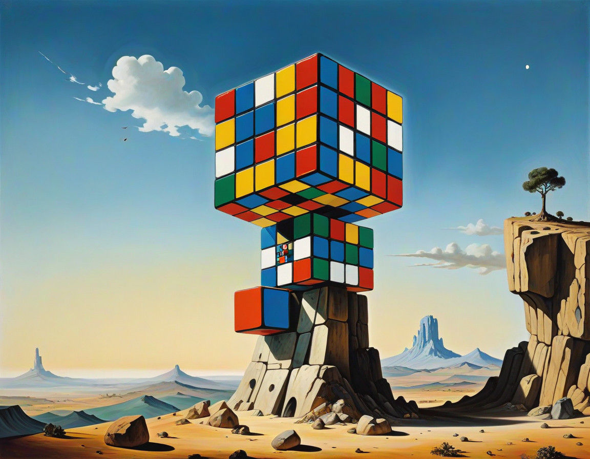 Surreal Dreamscape with Glass Column and Rubik's Cube
