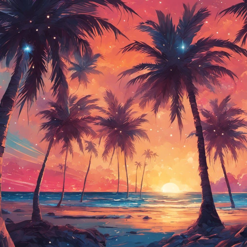 Hyperrealistic Sunset Beach with Palm Trees and Stars