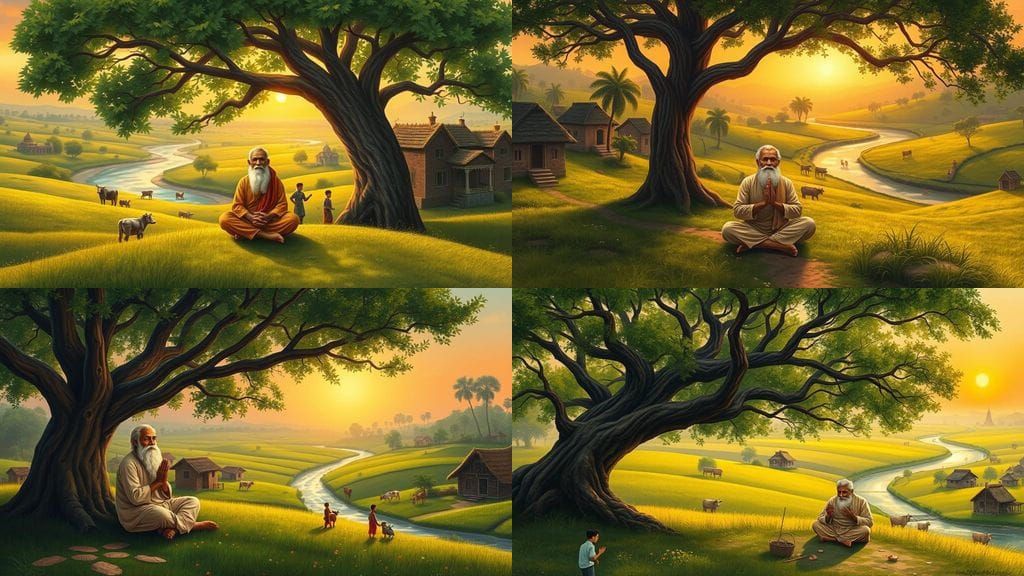 Idyllic Indian Village Scene with Children and Cows Under a ...