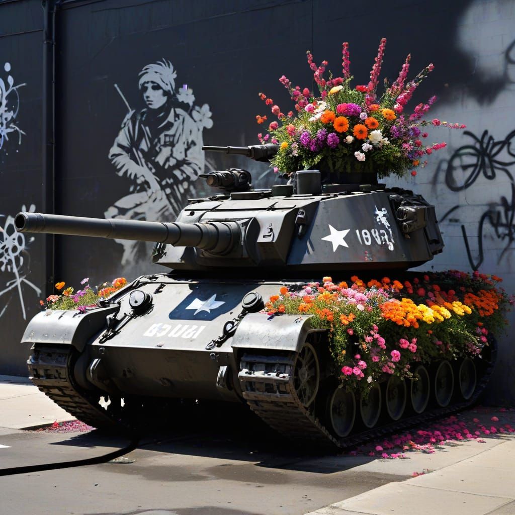 Banksy-Style Stencil Art of a Confused Soldier Amidst a Flor...