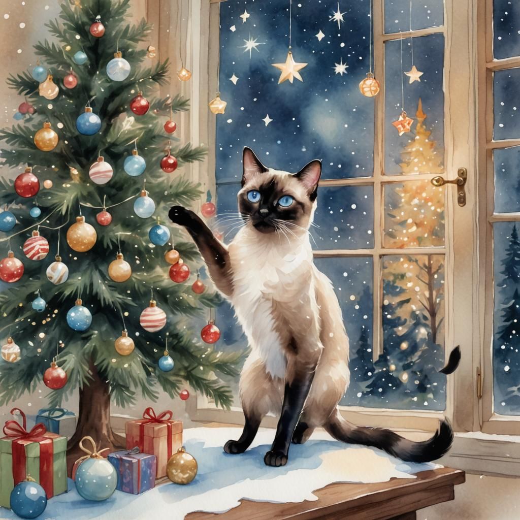 Siamese Cat's Whimsical Christmas Fantasy: Watercolor Art