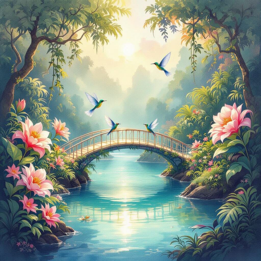 Fantasy Lagoon Paradise with Rainbow Bridge and Winged Creat...
