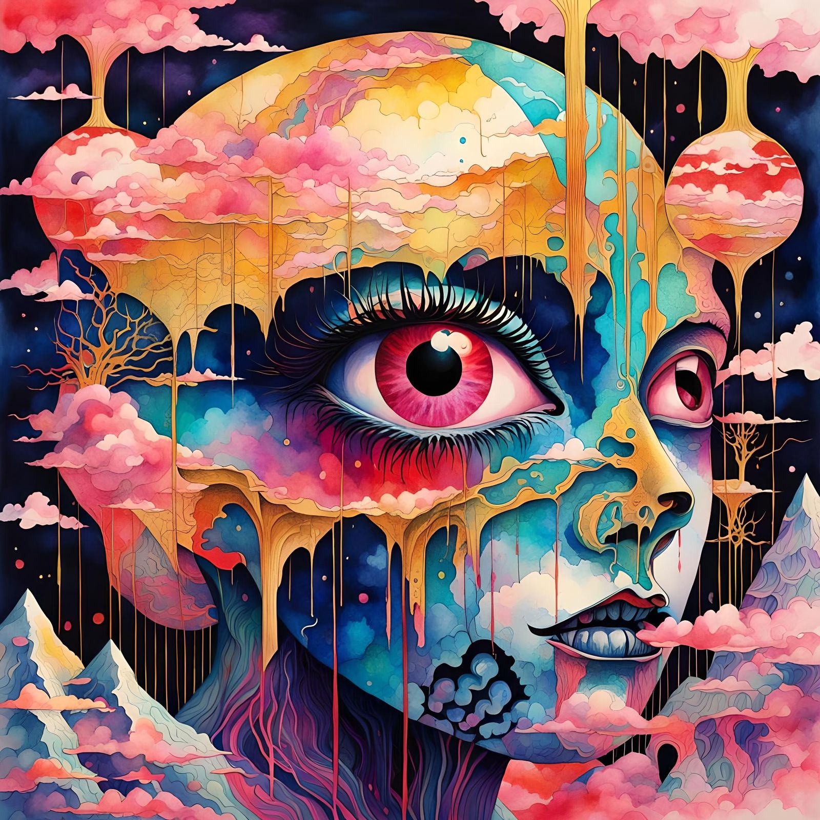 Gothic Folk Art Psychedelic Scene in Watercolor