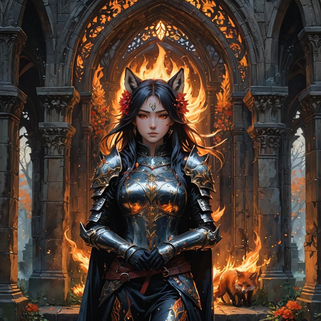 Fiery Fox Girl in Gothic Anime Style