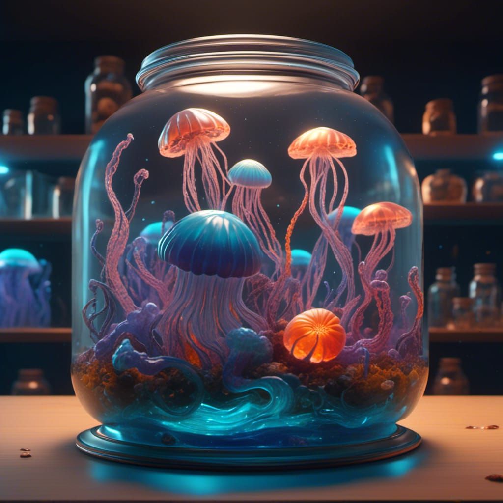 Glowing Jellyfish in Jar: Detailed Matte Painting