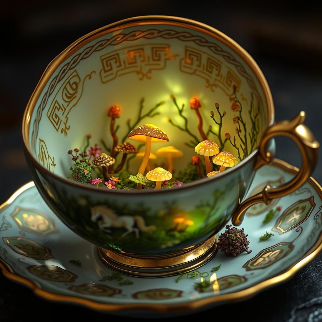 Miniature Forest Inside Antique Teacup: Fantasy Art