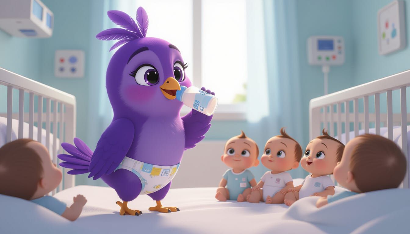 Cartoon Purple Bird in Nursery as 3D Digital Art