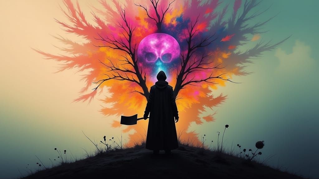 Surreal Dreamscape Figure Holds Scroll and Key, Silhouetted ...