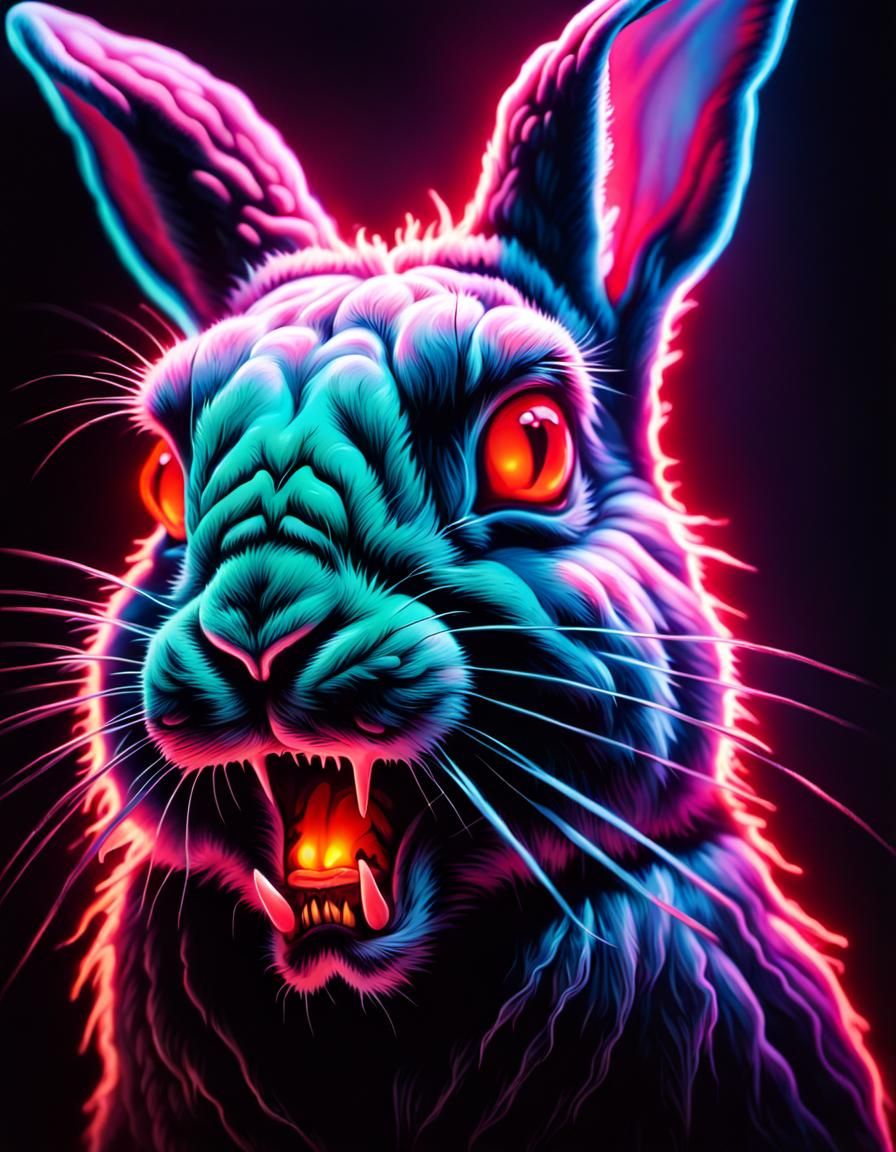 Glowing Neon Horror Rabbit in Gothic Airbrush Style