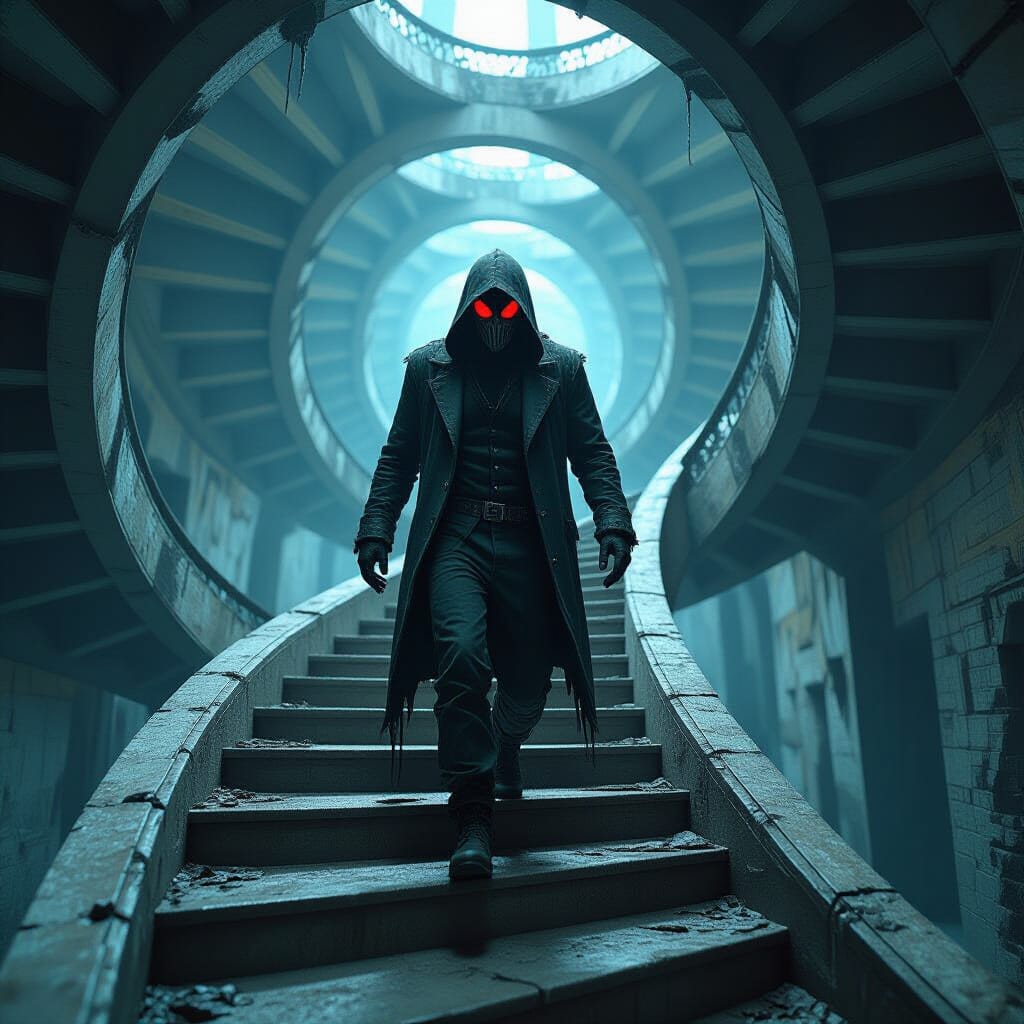 Surreal Distorted Man on Infinite Staircase, in Comic Style