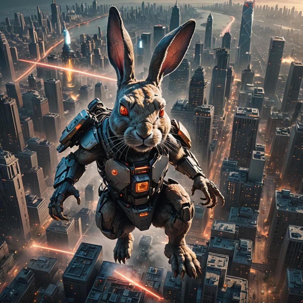 Giant Cyborg Rabbit Attacks City: Digital Matte Painting