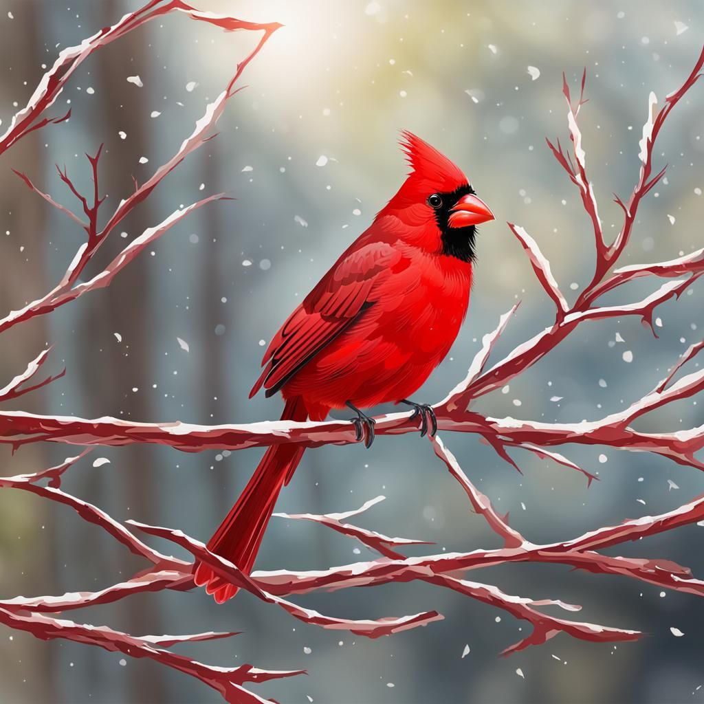 Bright red cardinal bird on a branch facing a window.