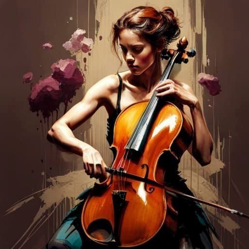 Dramatic Cello Player Portrait in Oil Paint Style