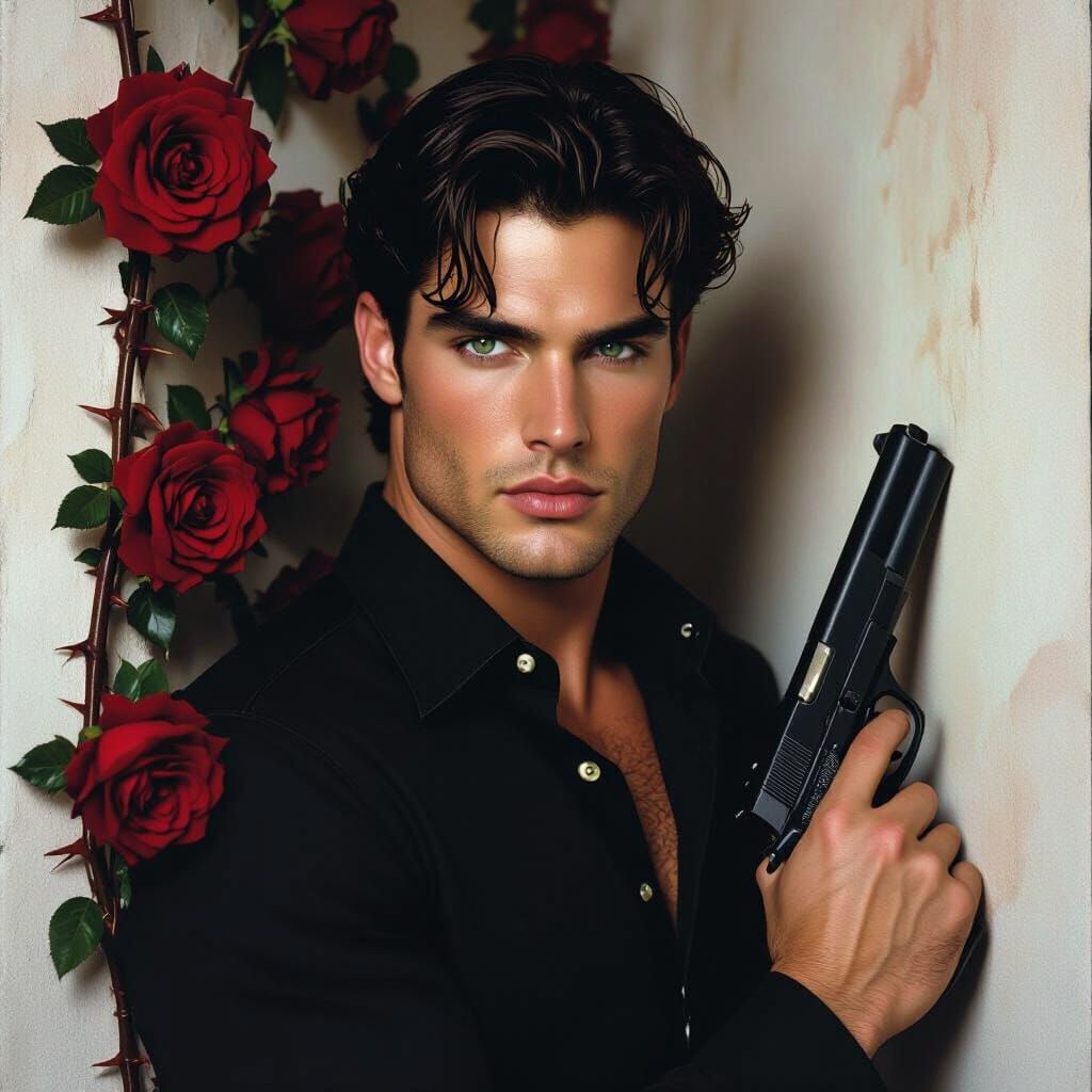 Brooding Man with Gun in Rose and Smoke Noir Portrait