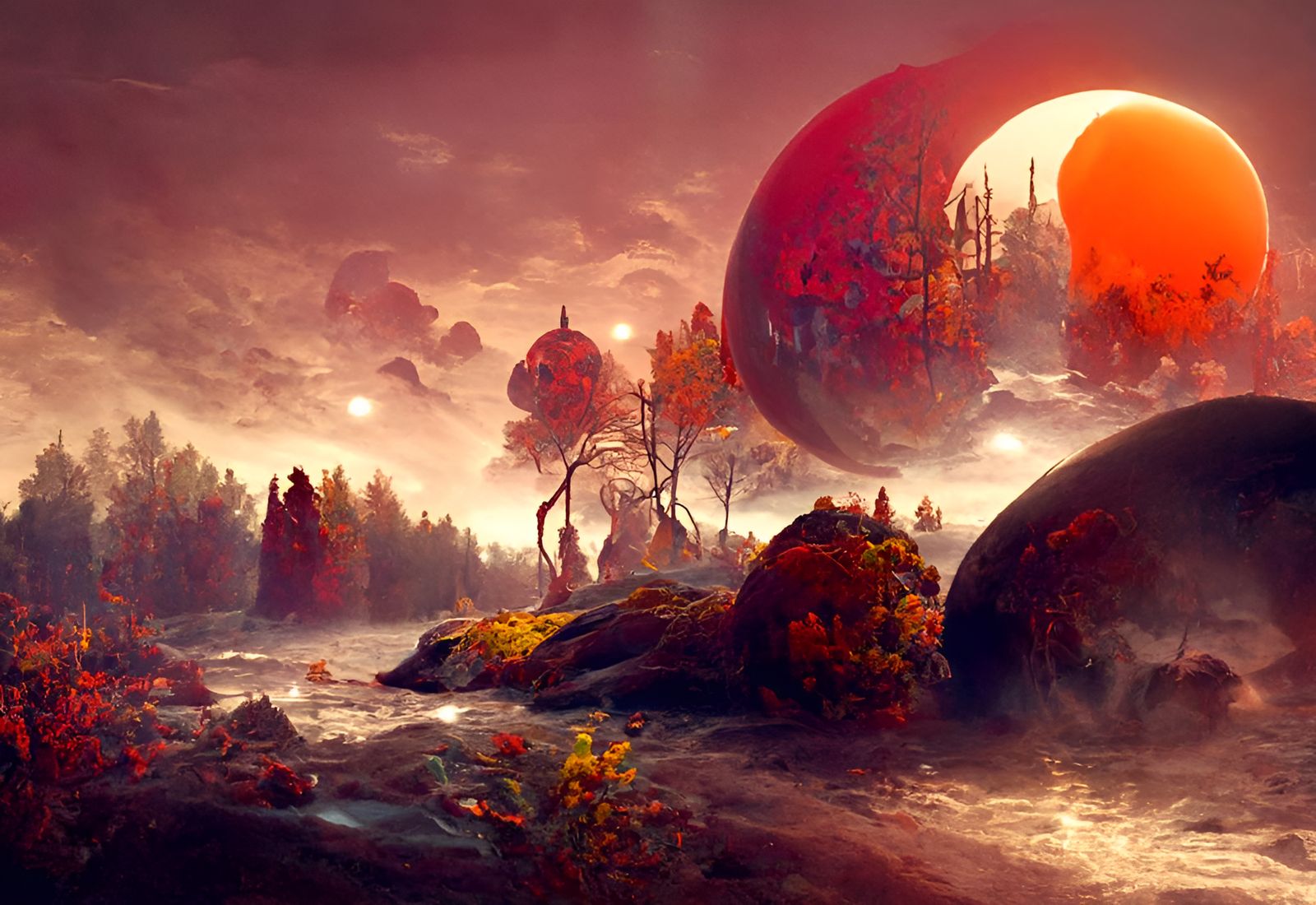 Surreal Alien Landscape with Glowing Flora in Sci-Fi Style