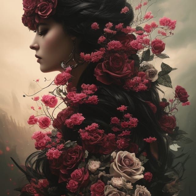 Skull and Roses in Calligraphy Ink Style