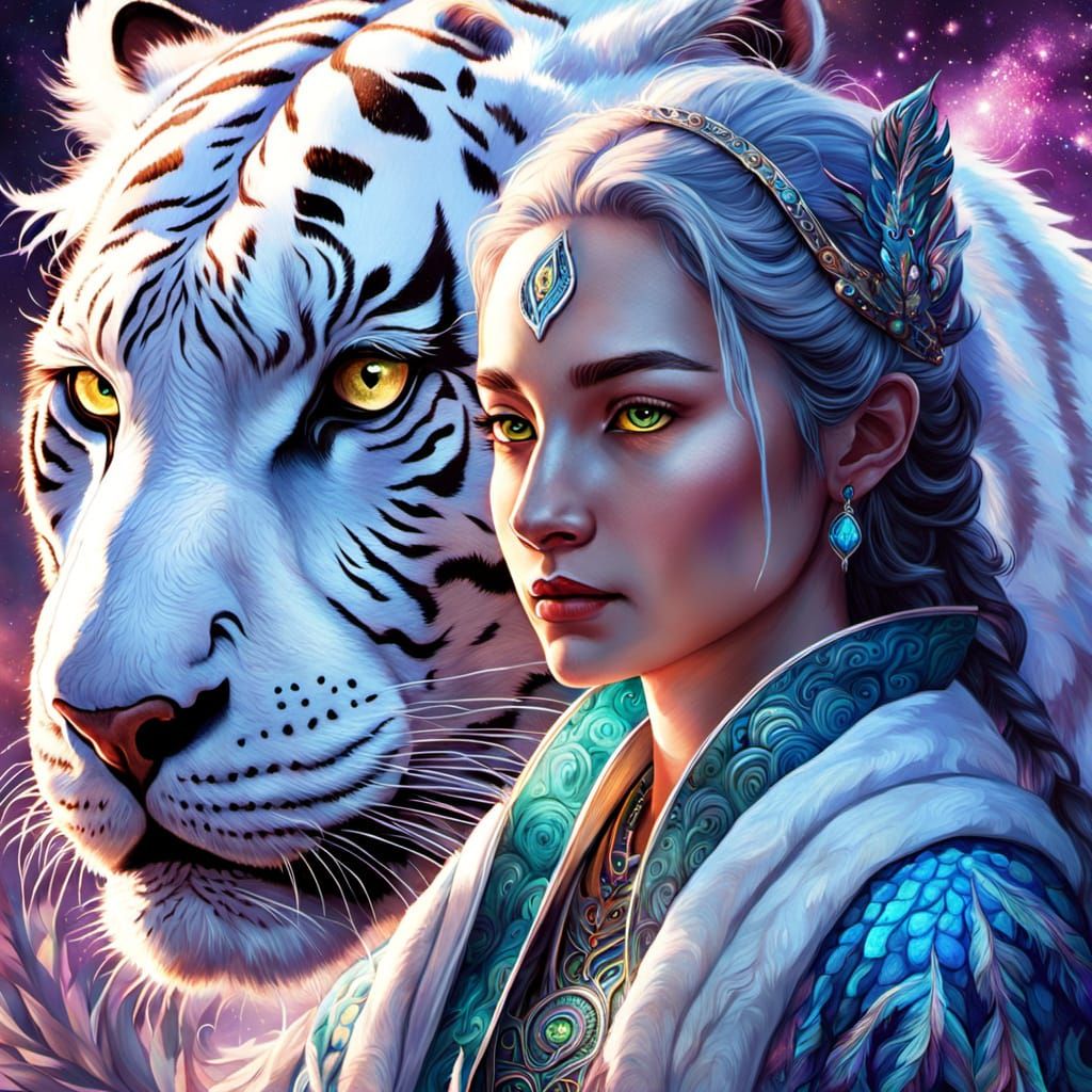 Woman and White Tiger-Dragon Fantasy Art
