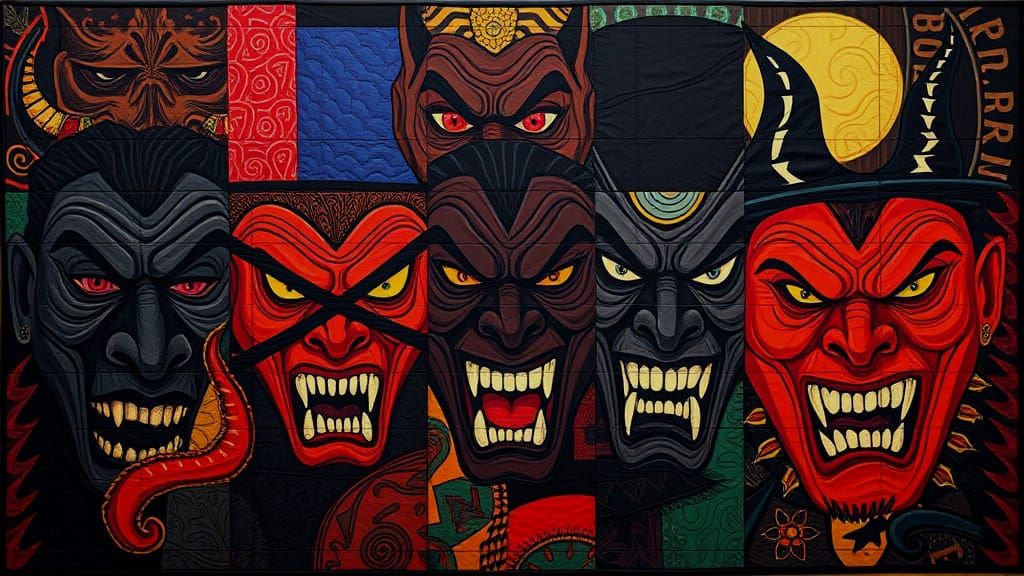 Demonic Faces Quilted Fabric Art in Renaissance Style