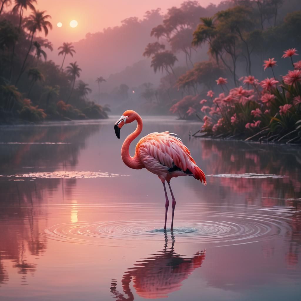 Flamingo in Dreamlike Lake at Sunset: Digital Painting